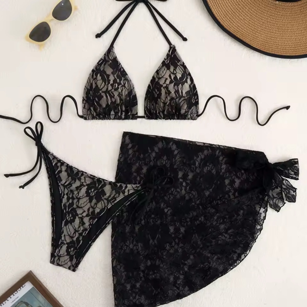 Black Lace Bikini Set with Cover-Up